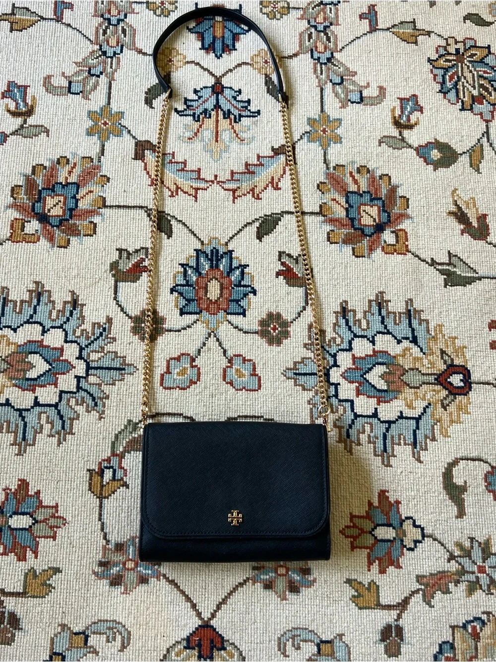 Tory Burch Black Saffiano Leather Crossbody with Gold Chain Strap